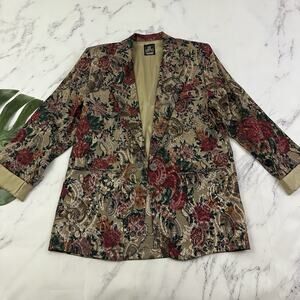 San Moire Womens Vintage 90s Jacquard Floral Blazer Jacket Size M Tan Pink